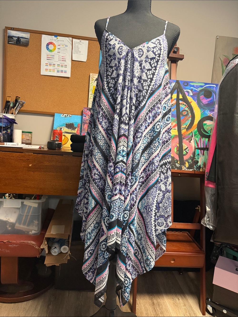 Express Asymmetrical Handkerchief Hem Dress in Colorful Print